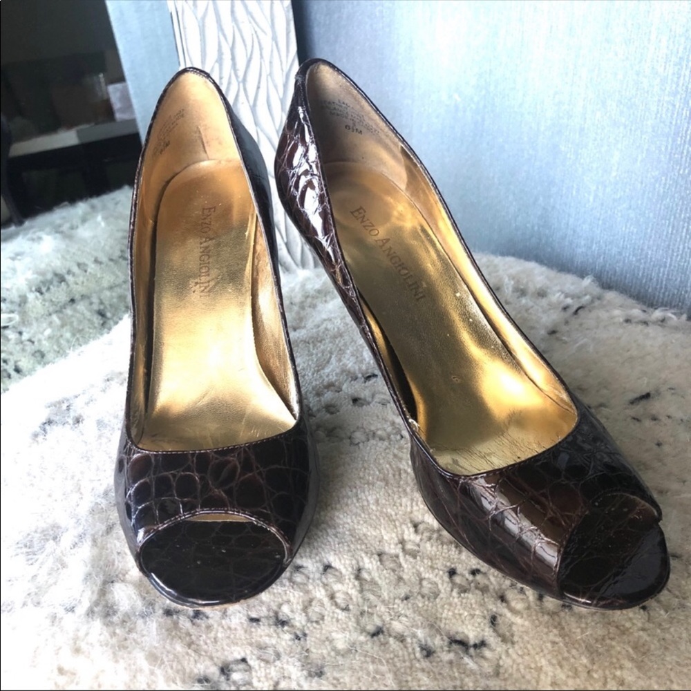 Brown leather peep toe heels, 6.5